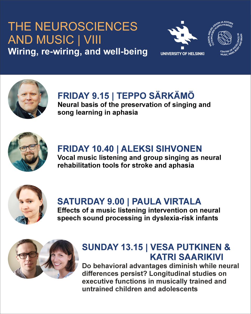 Hello! Time to meet our local #Neuromusic8 speakers. 👋 Did you know that we study the effects of music in brains of all ages <a href="/HelsinkiUniMed/">Medicine and Health, University of Helsinki</a> <a href="/EduSciHelsinki/">Faculty of Educational Sciences, Univ. of Helsinki</a>?