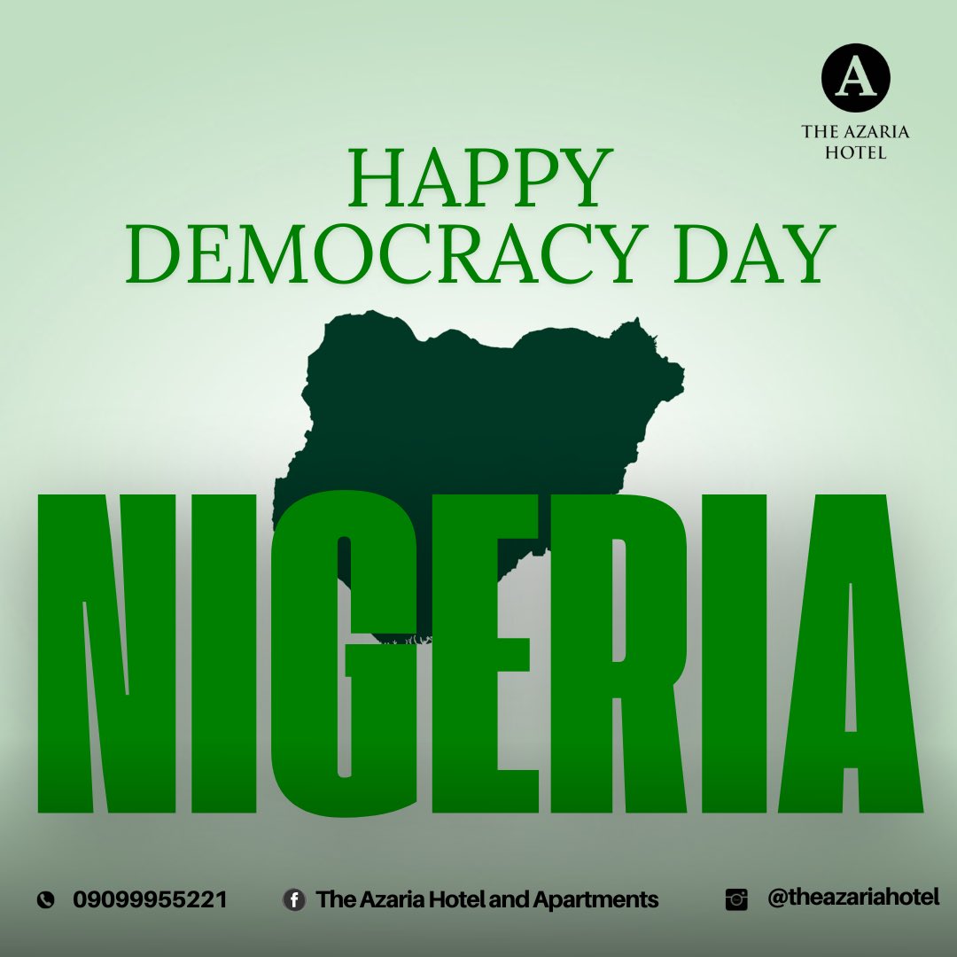 Happy Democracy Day, Nigeria! May this day serve as a reminder of the power of democracy to unite, empower, and transform our nation. 

Let us continue to uphold the values of democracy and work together towards a brighter and more inclusive future for all Nigerians.

#nigeria