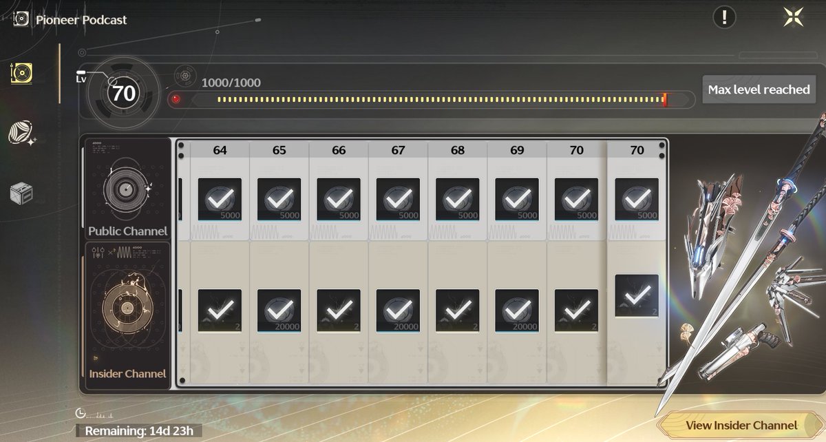 Lunathean's tweet photo. Pioneer Podcast completed, Very generous with how much time was given to complete the Battle pass. (Still nearly 15 days left AKA 2 weeks or 20,000 experience/20 Levels). #wutheringwaves https://t.co/k4SGj2kwvi