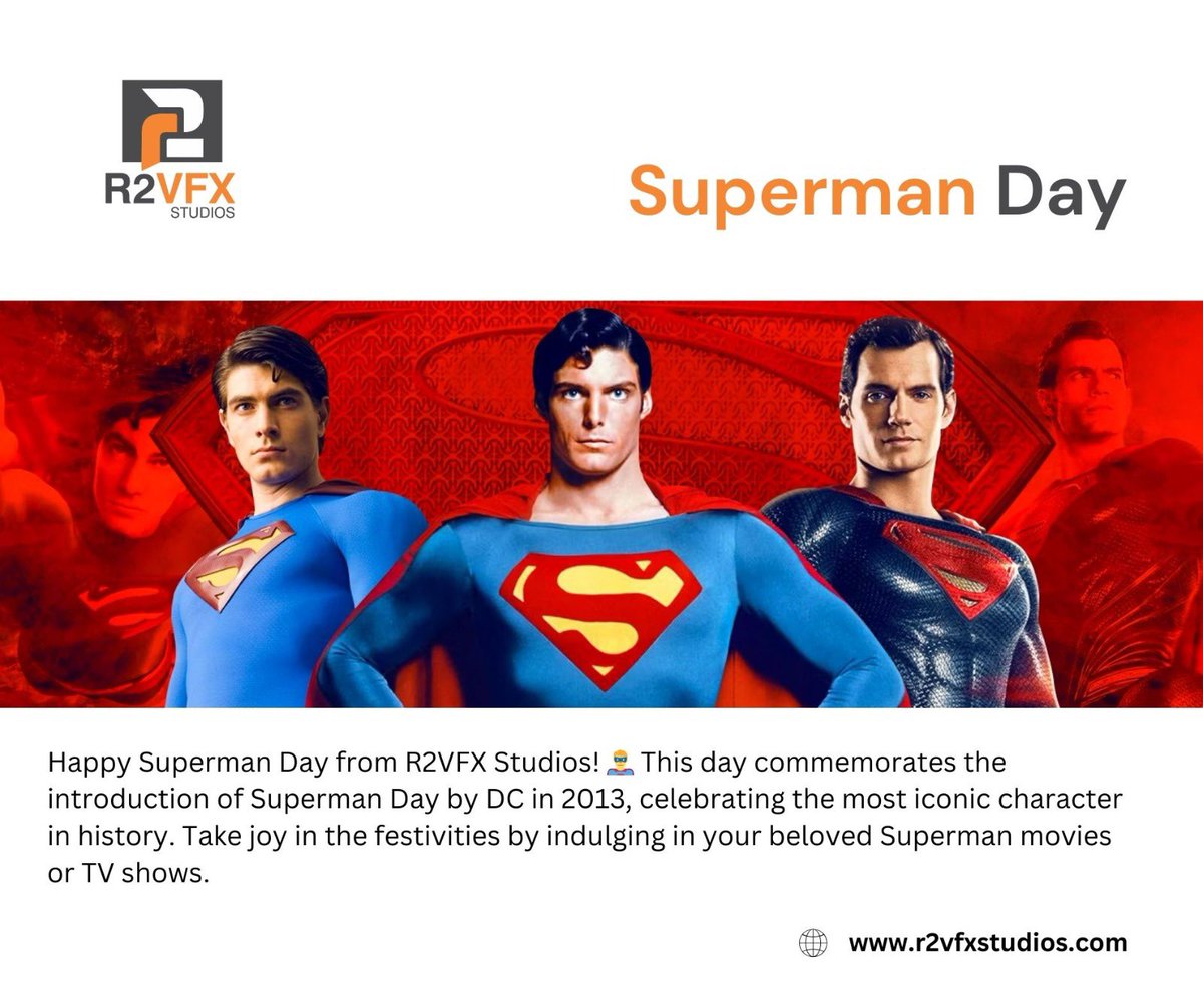r2vfx's tweet photo. Happy Superman Day from R2VFX Studios! 🦸‍♂️ This day commemorates the introduction of Superman Day by DC in 2013, celebrating the most iconic character in history. Take joy in the festivities by indulging in your beloved Superman movies or TV shows. #SupermanDay #ManOfSteel #R2VFX https://t.co/KYQdnVxqmJ