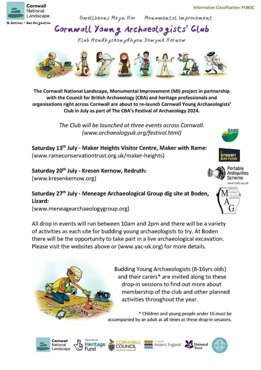Falconer82's tweet image. We are relaunching Cornwall Young Archaeologists Club!!! There are some fantastic events coming up to get youngsters engaged with the club to coincide with the Festival of Archaeology. See the poster below and come along!