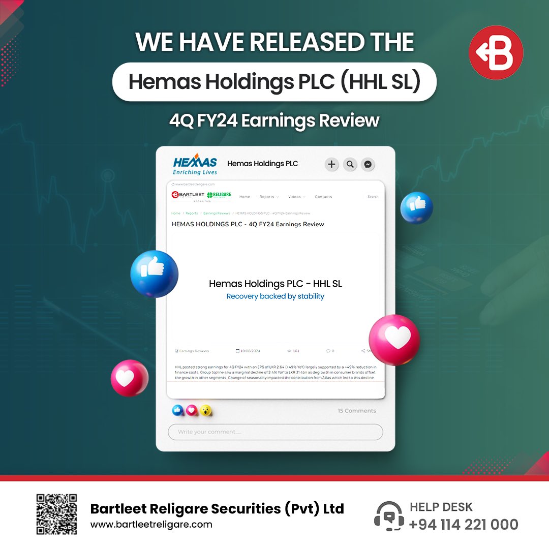 BartleetStock's tweet image. Discover the latest financial insights with Hemas Holdings PLC's 4Q FY24 Earnings Review. Stay informed with our analysis on the recovery and stability of Hemas Holdings. 

Link to access the report: research.bartleetreligare.com/reports/hemas-…

#hemasholdingsplc #earningsreview #brsresearchportal