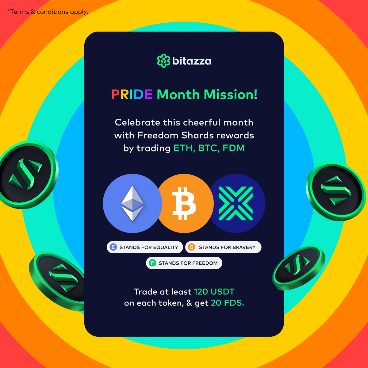 BitazzaGlobal's tweet photo. 🏳️‍🌈💕 We are celebrating this beautiful month with #PrideMonth Missions! Trade #ETH, #BTC, and #FDM, each with a minimum trading volume of 120 USDT, to earn 20 #FreedomShards (FDS)! 

Available until June 30, download #Bitazza now 🌐 https://t.co/RbTOEbAZ7a https://t.co/DBSCxOXABc