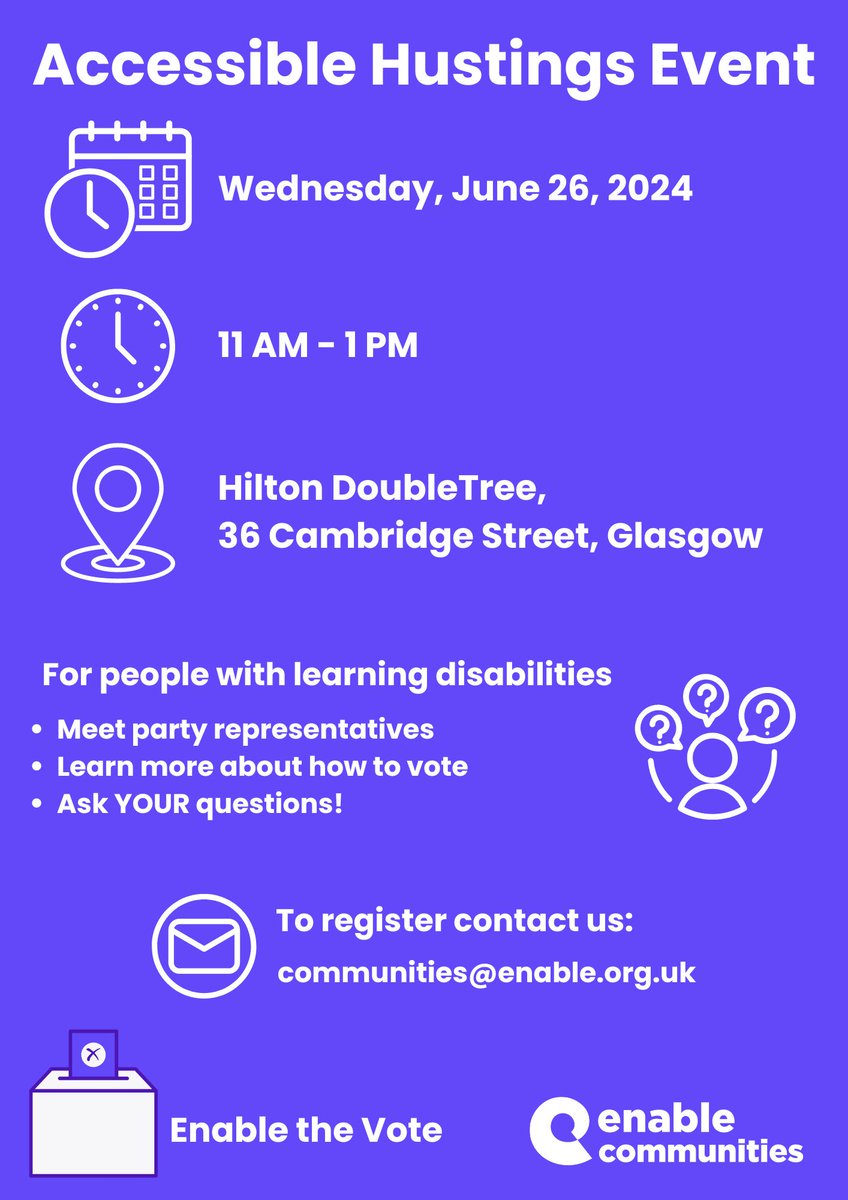 GaryAirnes's tweet photo. We are hosting an accessible hustings event in the lead up to the July 4 General Election. Giving people with learning disabilities in Scotland the chance to meet with party reps and talk the issues important to them. If you’d be interested DM me to register 🗳️#enablethevote https://t.co/sKjGbir66t