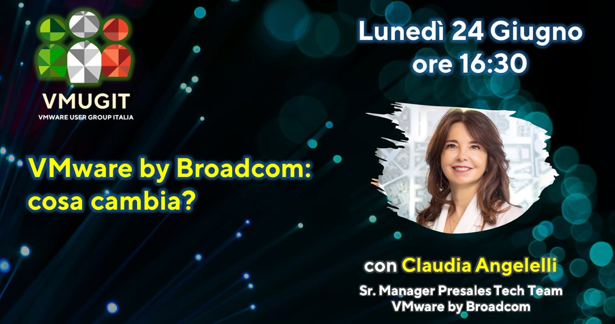 Tornano gli eventi online #VMUGIT! Iniziamo con un webinar sui recenti cambiamenti e l'acquisizione di VMware da parte di Broadcom: cosa cambia? Ne parleremo con <a href="/clangelelli/">Claudia Angelelli</a> 
📅 Lunedi 24 Giugno ore 16.30 
👉 my.vmug.com/s/community-ev…