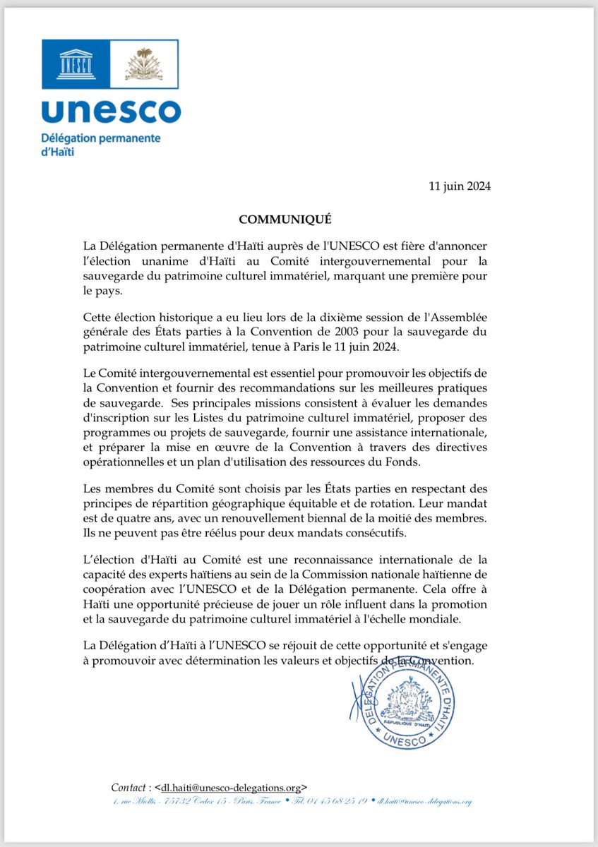 J’ai commencé ce parcours avec une candidature haïtienne, pour la première fois, #soupjoumou. Aujourd'hui, Haïti devient membre du Comité du patrimoine culturel immatériel, évaluant les soumissions de plus de 180 pays ! #PatrimoineCulturel #FiertéHaïti UNESCO 🌍🇭🇹
