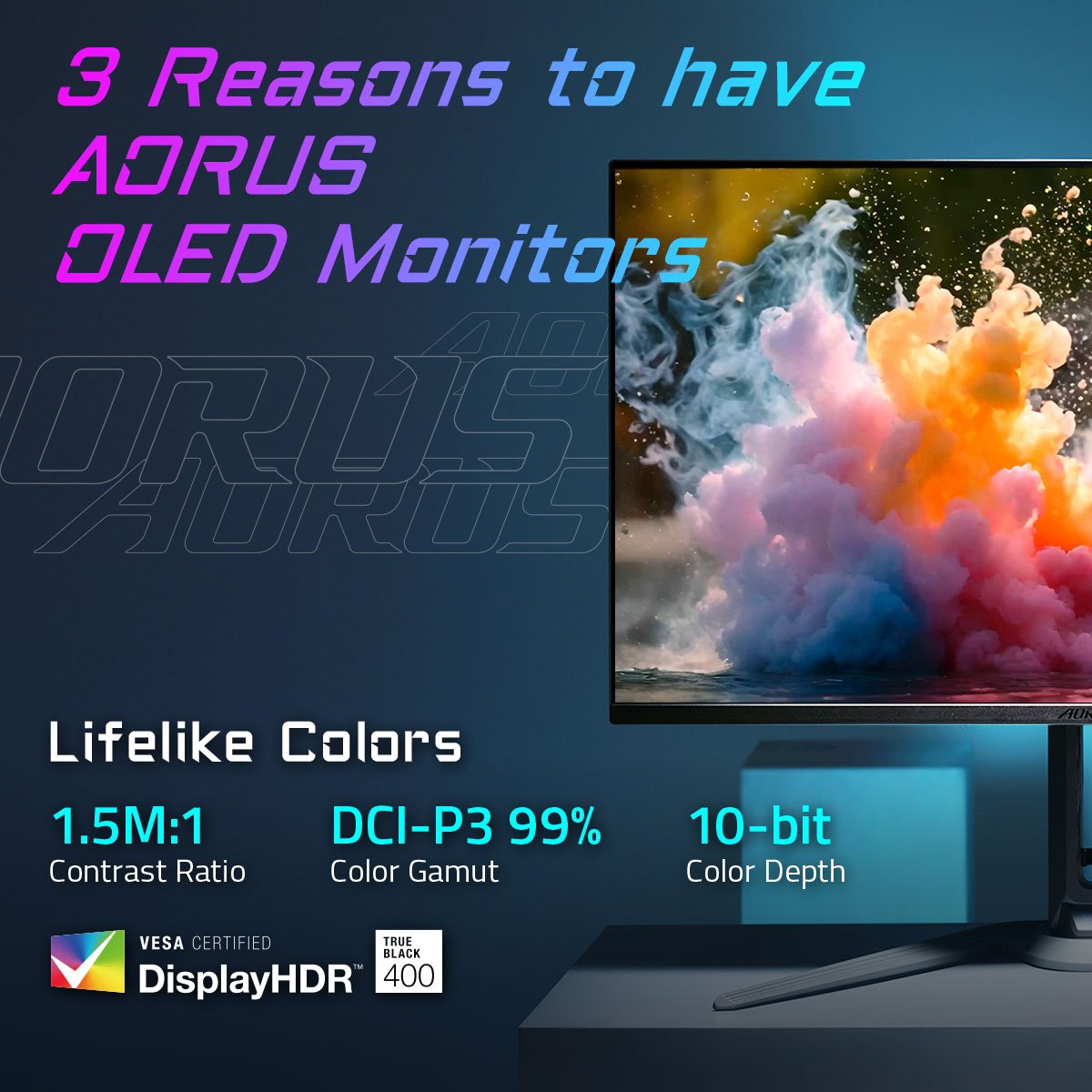 AORUS_ANZ's tweet image. 3 Reasons to have AORUS OLED Monitors:
🧡Lifelike Colors:1.5M-to-1 Contrast Ratio, DCI-P3 99% Color Gamut, 10-bit Color Depth
🧡10x Faster than LCD: 0.03ms Response Time, 240Hz Refresh Rate
🧡Resolution Switch: Quick swaps to 24-inch resolution

#GIGABYTE #AORUS #OLEDMonitor