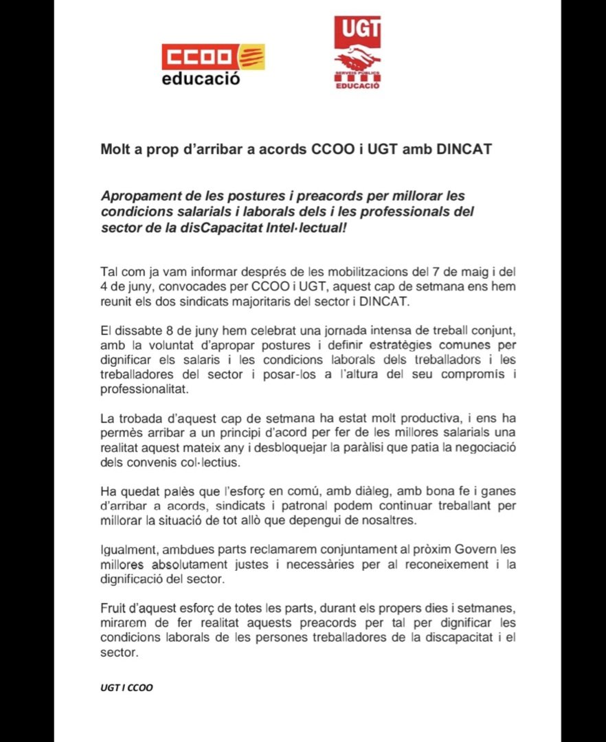 Apropament de les postures i preacords amb Dincat per millorar les condicions salarials i laborals dels i les professionals del sector de la disCapacitat Intel·lectual!