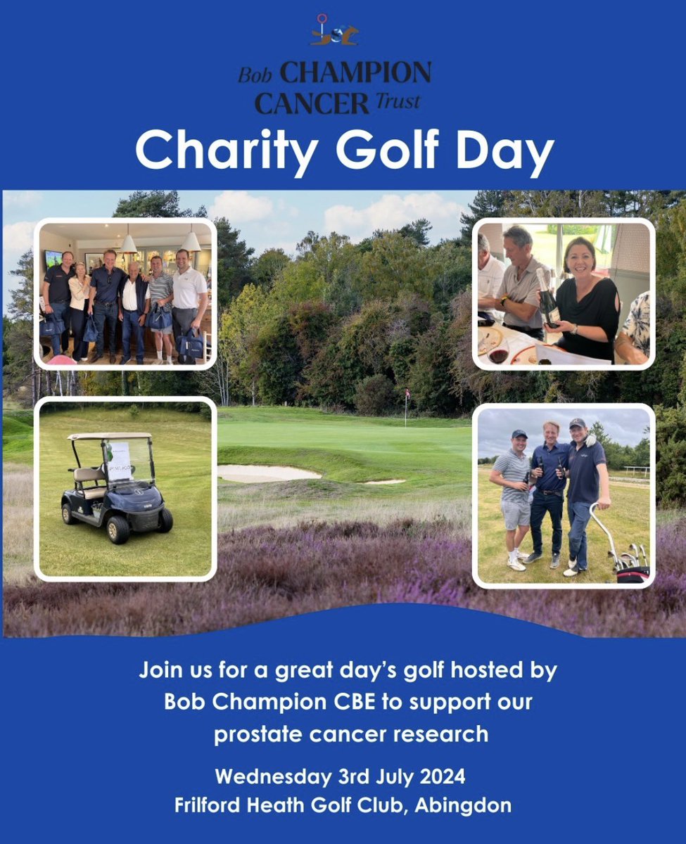 Come and join Bob Champion CBE for a great day’s golf in support of our prostate cancer research on July 3rd <a href="/FrilfordHeathGC/">Frilford Heath Golf Club</a> . A fantastic heathland course, host to Challenge Tour and other qualifying events. Players of all standards very welcome. bobchampion.org.uk