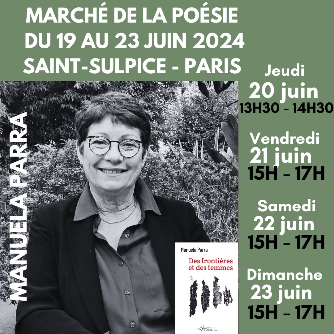Retrouvez Manuela Parra en signature de son ouvrage de récits "Des frontières et des femmes", paru le 28 février 2024, à l'occasion du 41e Marché de la Poésie ! 📚

📍 Place Saint-Sulpice - Paris

#evenement #marchédelapoésie #litterature #livres #éditionsindépendantes #paris