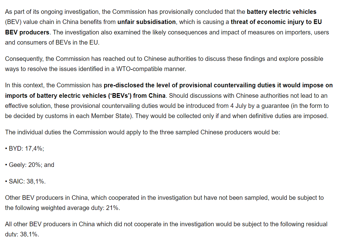 1/ The EU has announced duties with surprising elements: 1) very high levels compared to other anti-subsidy cases, 2) very varying impacts on different producers, 3) and an emphasis on a potential negotiated solution.