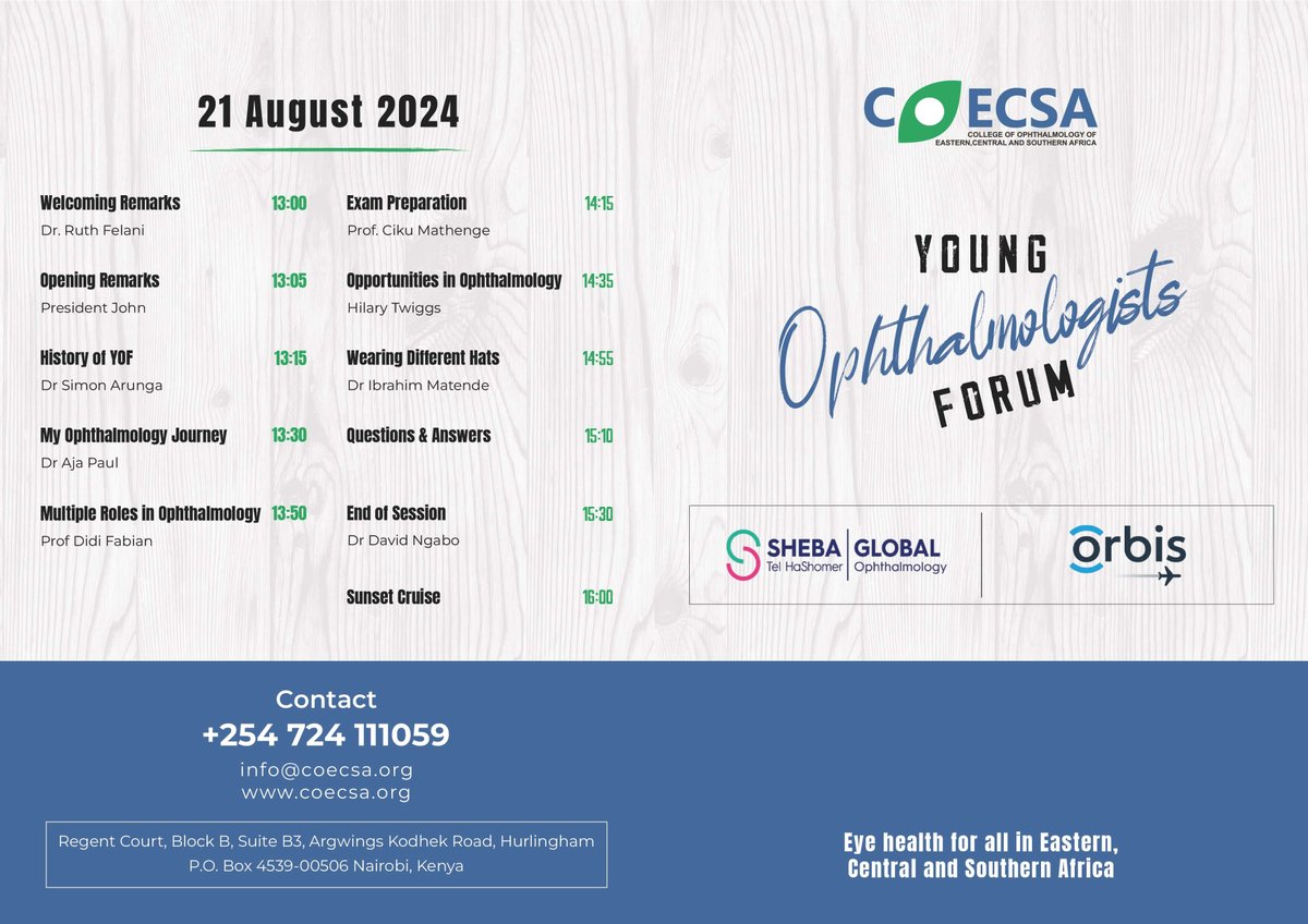 os_zim's tweet photo. Attn: Registration for the 2024 COECSA Young Ophthalmologists Forum Now Open!

Join  us in picturesque Victoria Falls on the 21st of August 2024, where our  esteemed guest speakers will deliver short and insightful talks on  various Ophthalmology topics.

Register today! https://t.co/abhcmeehvW