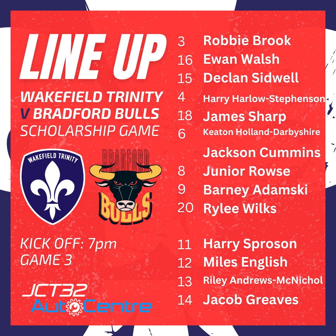 Here are the Scholarship squads for tonight's games against Bradford Bulls!!

We will be playing three 30 minute 10-a-side games which will make for some fast, skillful matches!

Come along to watch. Season Ticket holders can watch for FREE!!

Action kicks off at 7pm!

#UpTheTrin