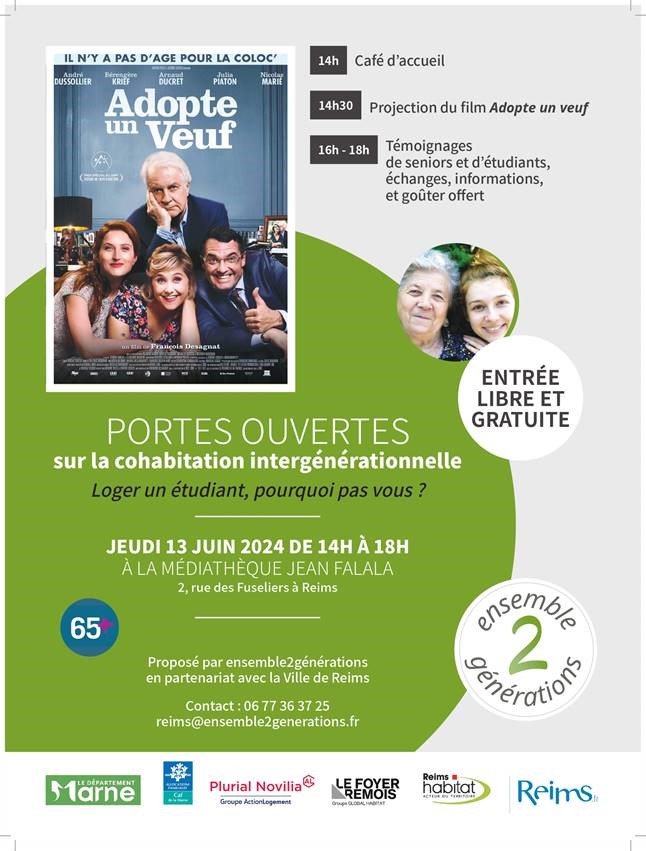 .<a href="/E2G_fr/">ensemble2générations</a>, et ses partenaires, proposent des Portes Ouvertes sur la cohabitation intergénérationnelle, ce jeudi 13 juin, de 14h à 18h, à la Médiathèque Falala, à #Reims. Au programme : projection du film "Adopte un Veuf", témoignages d'étudiants et  de seniors, ... ⬇️