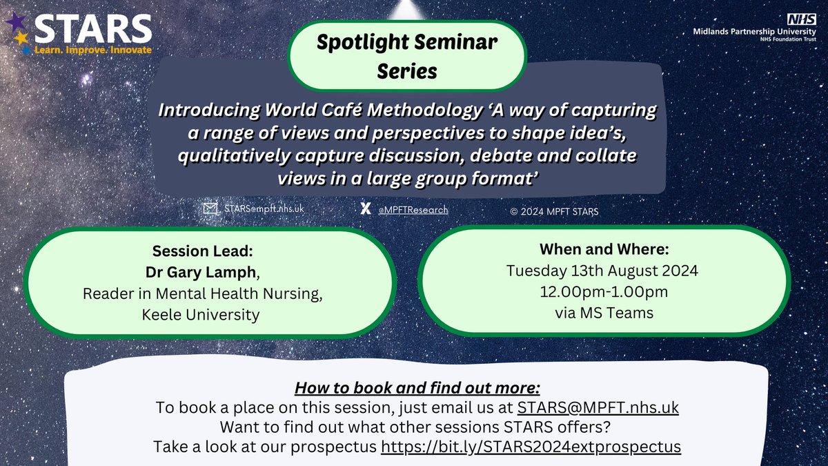 MPFT NHS Research (@mpftresearch) on Twitter photo #MPFTSTARS Spotlight Seminar🌟
"World Café Methodology: A way of capturing a range of views & perspectives to shape ideas, qualitatively capture discussion, debate, & collate views in a large group format" led by Dr Gary Lamph (<a href="/gazlamph/">Dr Gary Lamph PhD</a>)
📅13/08/24, 12:00
📧STARS@mpft.nhs.uk #MPFTSTARS Spotlight Seminar🌟
"World Café Methodology: A way of capturing a range of views & perspectives to shape ideas, qualitatively capture discussion, debate, & collate views in a large group format" led by Dr Gary Lamph (<a href="/gazlamph/">Dr Gary Lamph PhD</a>)
📅13/08/24, 12:00
📧STARS@mpft.nhs.uk