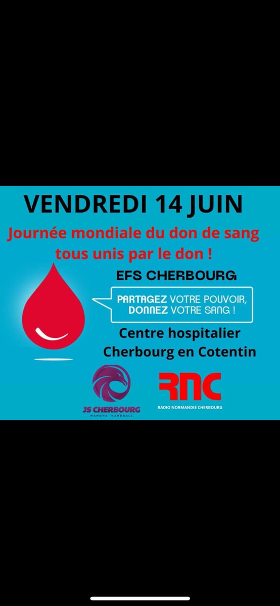 Ce vendredi 14 Juin , journée mondiale du don de sang .
RNC Cherbourg en Cotentin est partenaire de EFS Cherbourg depuis 2023 afin de soutenir et promouvoir les actions de collecte de sang et de plasma.
C'est un grand plaisir d'accueillir à nos cotés la JS CHERBOURG HANDBALL