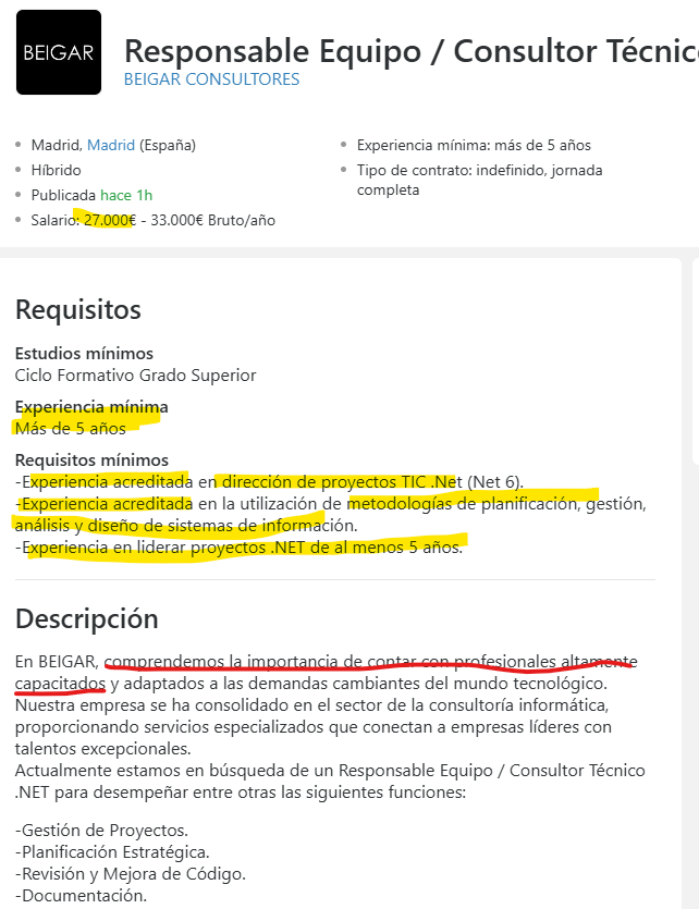putasconsultor1's tweet photo. #ofertacanallita😼
Beigar lo tira! Por 27K pretende contratar a un jefe de equipo .NET con 5 años/exp, y encima jactándose de comprender la importancia de tener profesionales🤯
🧠💡#FaltaTalento
🏃♂️🏃♀️Se lo quitan de las 👐 https://t.co/hGfMndh8Tb