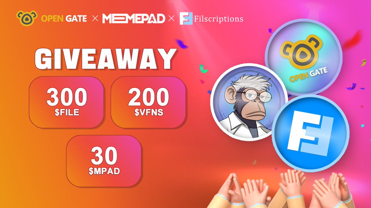 OpenGate (@opengatelab) on Twitter photo 🎉PARTNERSHIP GIVEAWAY WITH
<a href="/MemePadSol/">MemePad</a> x <a href="/filscriptions/">Filscriptions</a>
🌟#MEMEPad is the premier launchpad on #Solana for memecoins
🎁 300 $FILE + 200 $VFNS + 30 $MPAD
🤑10 WINNERS
✅Complete <a href="/taskonxyz/">TaskOn | Ultimate Web3 Community Growth Platform</a> tasks to win reward!
rewards.taskon.xyz/campaign/detai…
😘Good luck to you guys!!! 🎉PARTNERSHIP GIVEAWAY WITH
<a href="/MemePadSol/">MemePad</a> x <a href="/filscriptions/">Filscriptions</a>
🌟#MEMEPad is the premier launchpad on #Solana for memecoins
🎁 300 $FILE + 200 $VFNS + 30 $MPAD
🤑10 WINNERS
✅Complete <a href="/taskonxyz/">TaskOn | Ultimate Web3 Community Growth Platform</a> tasks to win reward!
rewards.taskon.xyz/campaign/detai…
😘Good luck to you guys!!!
