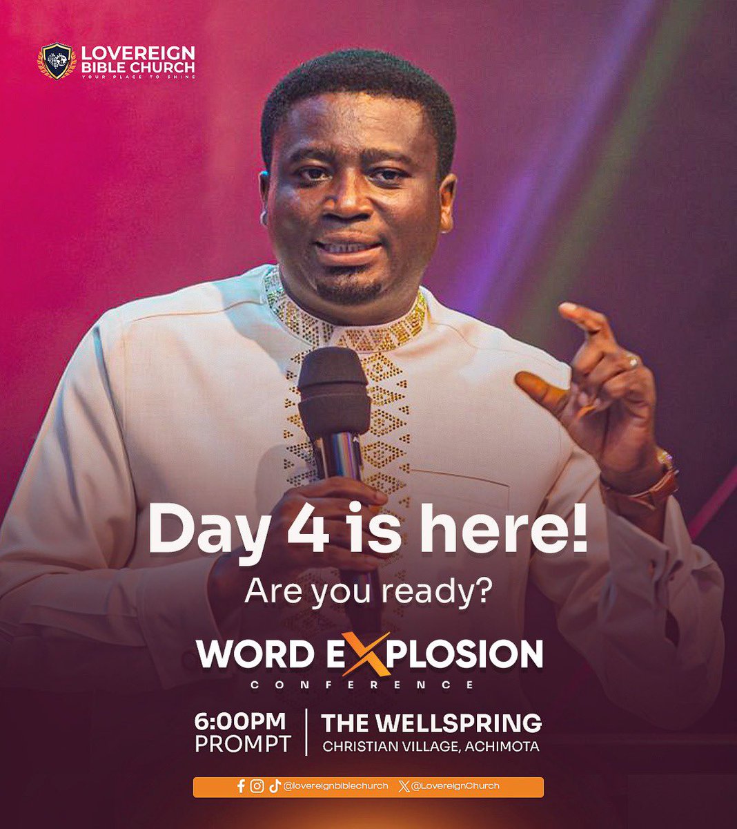 LovereignChurch's tweet photo. Are you ready for Day 4 of Word Explosion Conference. 🎊🔥
Join us again this evening at exactly 6:00pm with Rev. Dr. George W. Arthur.
Looking forward to seeing you there! 🎊🎉
#WordExplosion
#lovereignbiblechurch https://t.co/nZ9BEZQ0Qv