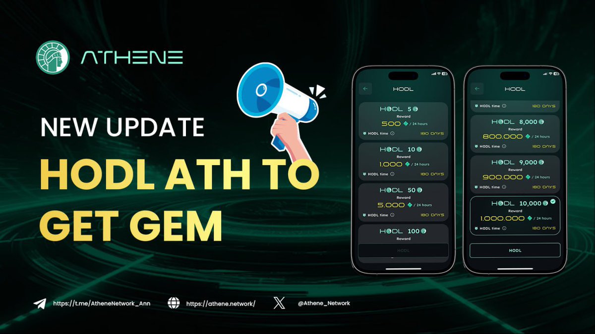 Dear Athene community, ✉️ We are excited to announce updates regarding our  HODL ATH TO GET GEM (https://t.co/ureO1Hdn1v) program ‼️ 💥 Buy ATH HERE  (https://t.co/bqwq0XZ5e1) 💥 🔔 To meet the growing demand