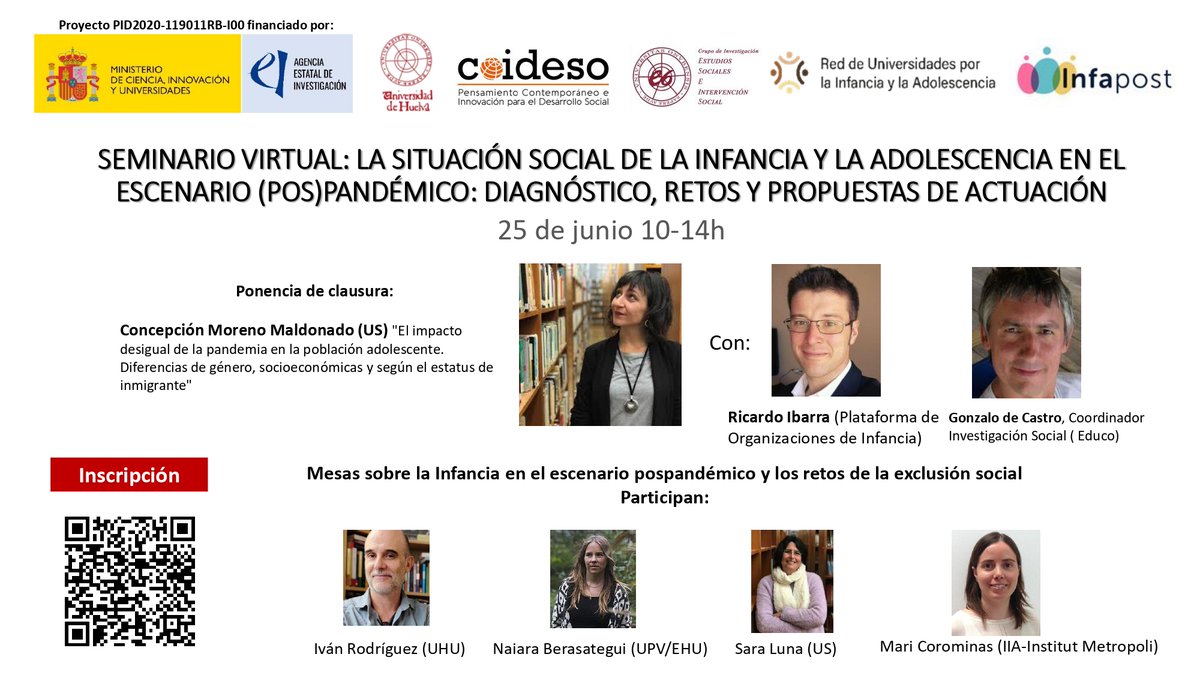 uhutso's tweet photo. Nuestro compañero @ivnrguez y el equipo del proyecto @infapost organizan este interesante seminario virtual sobre La situación social de la Infancia y la Adolescencia en el escenario pospandémico, de 4h (se certificará la asistencia). Inscripción: https://t.co/glclCtMkQG https://t.co/pO4wz5CXYV