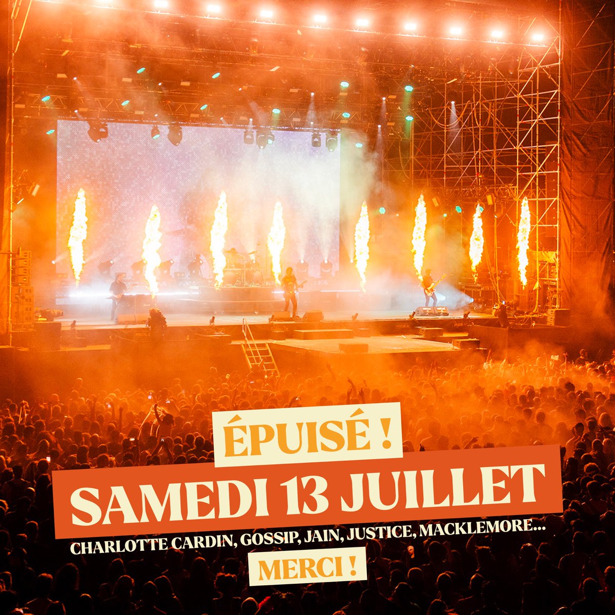 Oh wow 😳🤯🤪 À 28 jours du festival la journée du samedi 13 juillet est déjà épuisée grâce à vous☄️🧯🚨 Ça va faire du bruit sur l'Esplanade du Lac 🌪🚀 Un seul conseil : prenez vite votre Pass pour les autres jours avant qu'il ne soit trop tard 🧡 Grrr 🐅