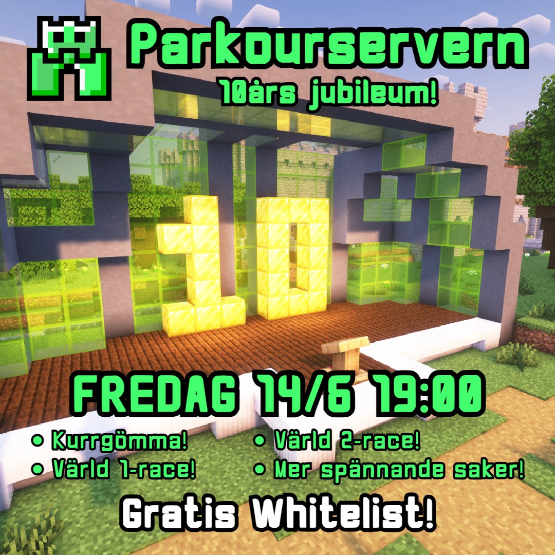 På fredag den 14/6 var det 10 år sedan Parkourservern skapades av <a href="/STAMSITEs/">Marcus Nyman</a> ! Det ska vi fira med tävlingar, lekar och andra roliga aktiviteter! 

Firandet kommer ske Fredag 19:00 inne på Parkourservern som numera har gratis Whitelist! Samt i voice inne på SGCs Discord!