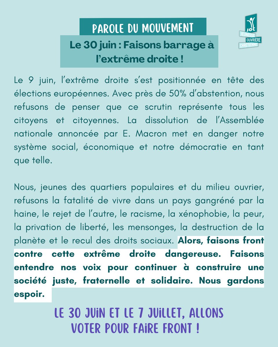 JOC2France's tweet photo. Suite aux résultats des Elections Européennes, la JOC publie une nouvelle parole du mouvement !

✊ Ensemble, faisons barrage à l'extrême droite le 30 juin !
#Jeunes #Engagement #ElectionEuropeennes #vote #votez #avenir #cestnotreavenir #Agirpournosdroits #BarrageAlExtremeDroite https://t.co/WQEZ5S6Clk