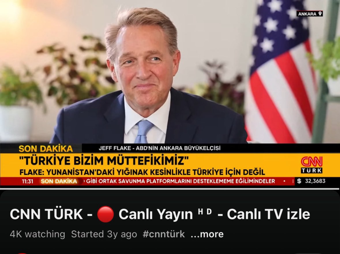 JeffFlake's tweet photo. I enjoyed sitting down for a 30 minute discussion with CNN Türk about the strength of the U.S.-Tükiye strategic partnership and the value of being NATO allies.https://t.co/4W4L7pHRvc https://t.co/OWpGzpsKwt