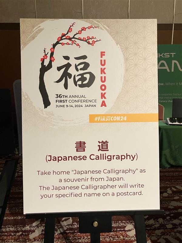 IIJ_doumae's tweet photo. Dear #Firstcon24 participants, please take home a souvenir from Japan at today's social event. Calligrapher will write your name in "Japanese Kanji" in front of you.
Calligrapher "OKI" is our team (IIJ/AS2497). He usually works on Network, Cloud and Security. ;-) https://t.co/HuwNK0cKNj