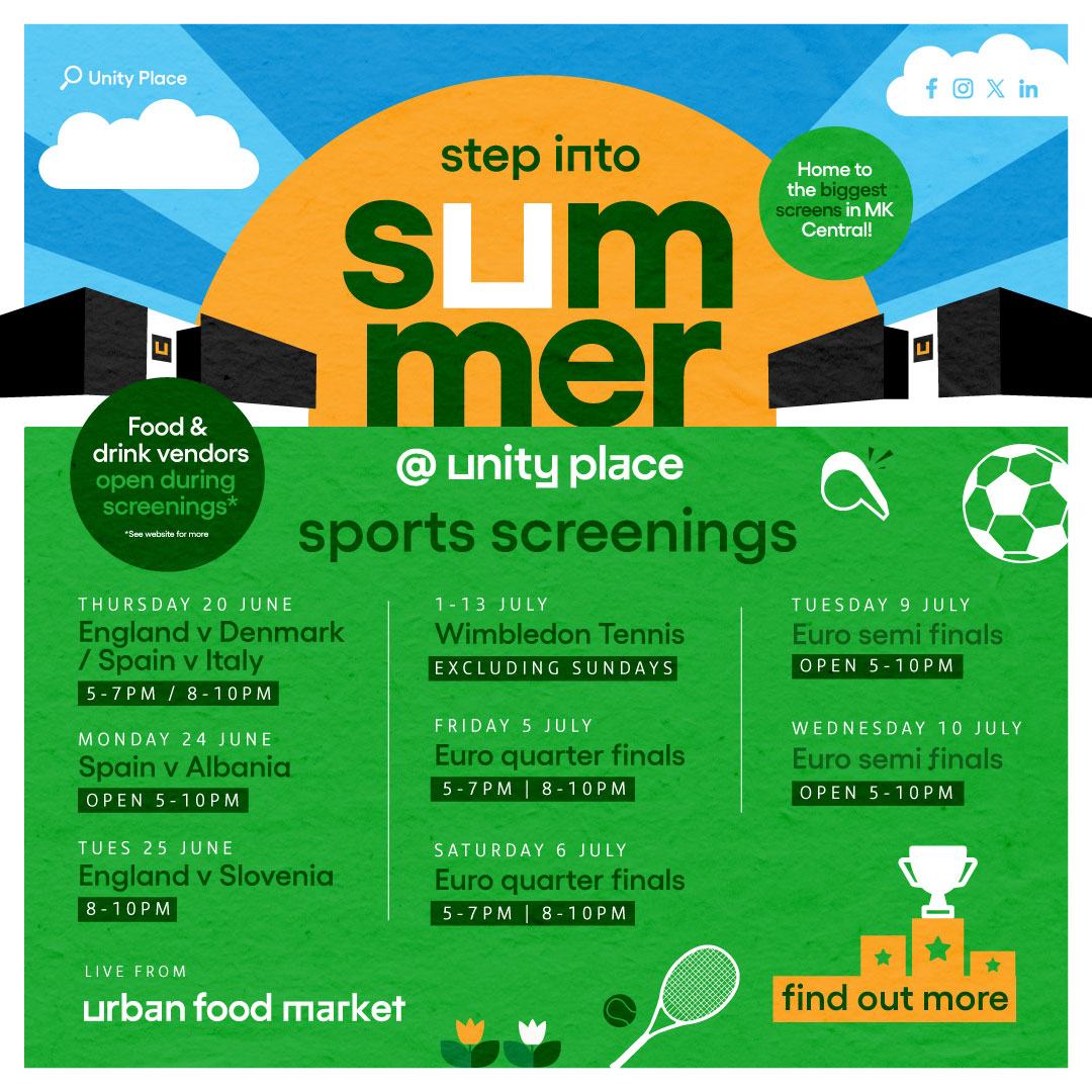 Unity Place MK (@unityplacemk) on Twitter photo Watch the biggest games on the biggest screens. We’re showing England and Spain matches plus the QF and SF games on our big screens. Want to get a good space? Ask our team about booking a space on unityplaceevents@restaurantassociates.co.uk Watch the biggest games on the biggest screens. We’re showing England and Spain matches plus the QF and SF games on our big screens. Want to get a good space? Ask our team about booking a space on unityplaceevents@restaurantassociates.co.uk