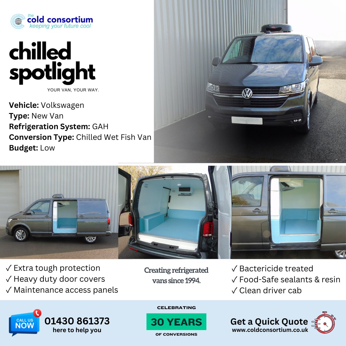 coldconsortium's tweet photo. 🐟 Wet Fish Van: This week's chilled spotlight features a metallic grey Volkswagen Transporter transformed into a cool wet fish van. With a colour-coded GAH fridge on the roof and a functional fresh fish layout inside, including a drain trough. #VWTransporter #WetFishVan #IceCold https://t.co/Baazr9G0Pj