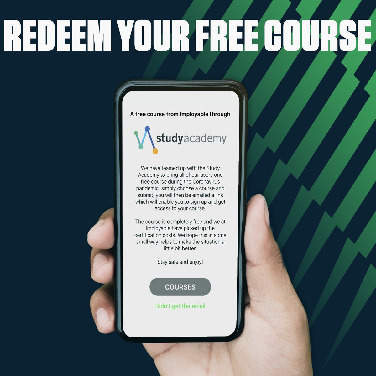 imployable's tweet photo. Our app still features the chance to redeem a free course, courtesy of Study Academy. Simply log into the app, and browse the side menu to redeem your free course today! #imable #imployable #EnableChange #App https://t.co/S14k9bB53i