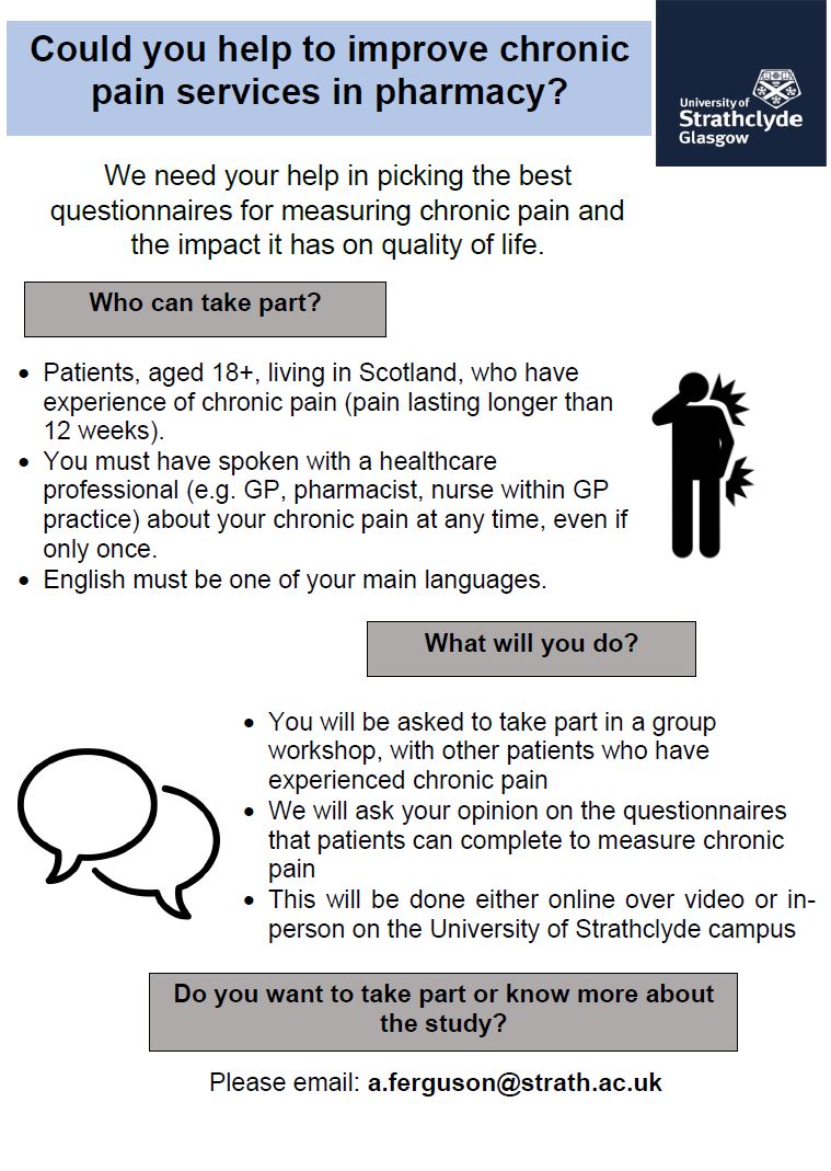 👋Do you want to help improve chronic pain services in pharmacy?

We are looking for people with experience of chronic pain to help us pick the best tools for measuring chronic pain, as part of pharmacy services.
