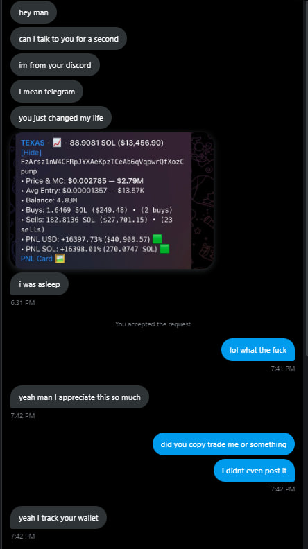 earlTrades's tweet photo. Bro made 250 SOL copy trading me on Alexis Texas coin, i'm dead. https://t.co/6bVuy41O1g