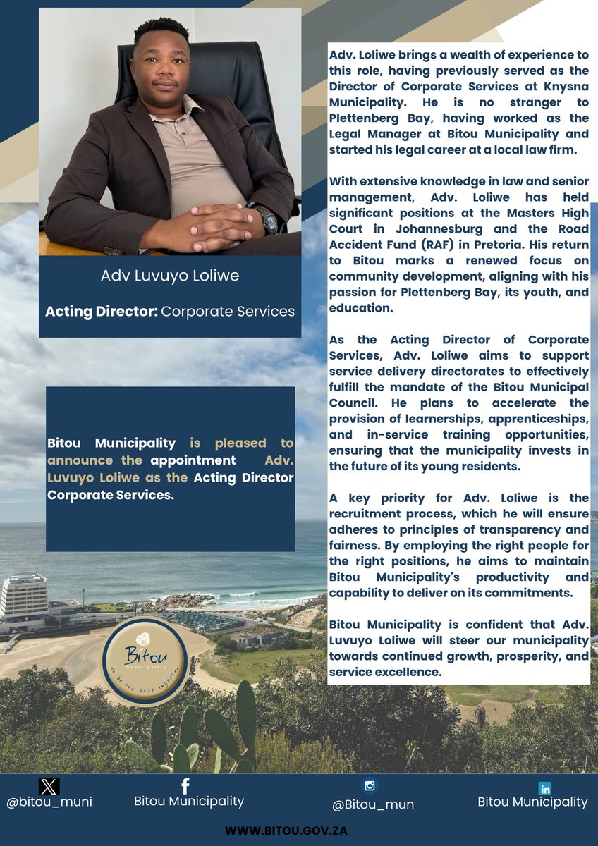 bitou_muni's tweet photo. Bitou Municipality is pleased to announce the appointment of Advocate Luvuyo Loliwe as the Acting Director of Corporate Services.
#BitouNews #BitouUpdates #NewAppointment https://t.co/FZh41Z5UYy