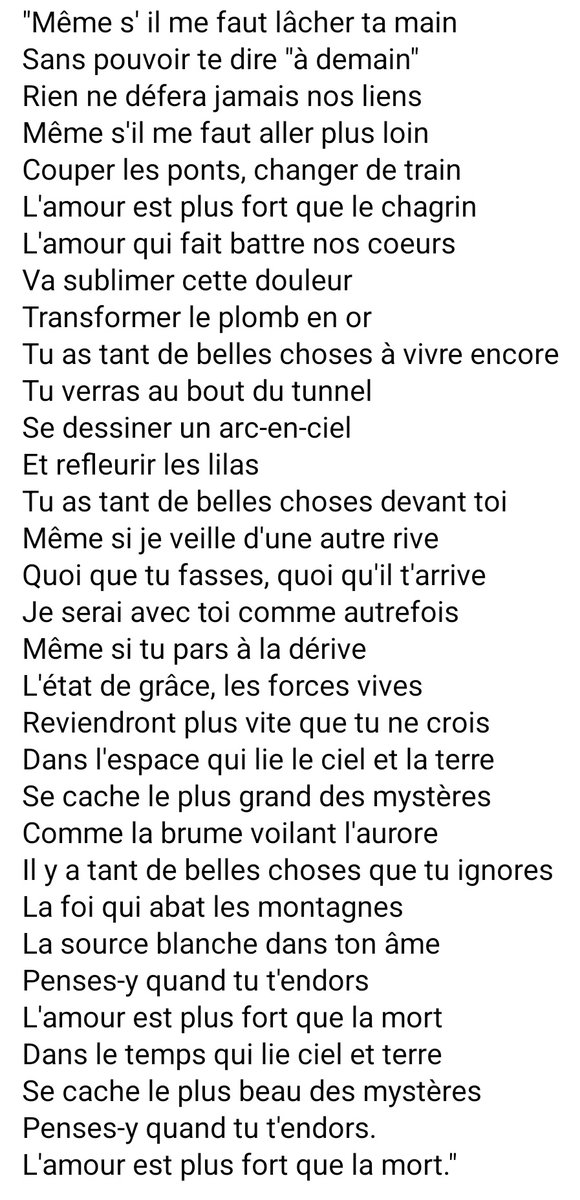 Message d'amour d'une mère malade à son fils.
Françoise Hardy, avec sa chanson d’adieu "Tant de jolies choses"', à son fils Thomas.
Derrière les paroles de la chanson se cache une mère malade qui souhaite apaiser son fils.
Tellement bien écrit, tellement...