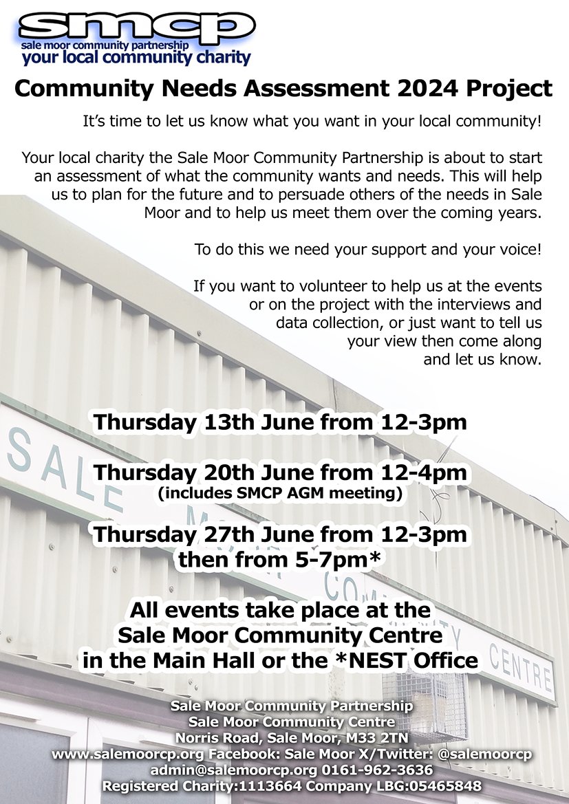 Tomorrow is our first CNA 2024 event at the #SaleMoor Community Centre.
12-3pm, Refreshments provided. Drop by anytime to help us guide the future of the community. We can only do it with your support!
 See salemoorcp.org/cna-2024/
#Volunteers #Community #Future