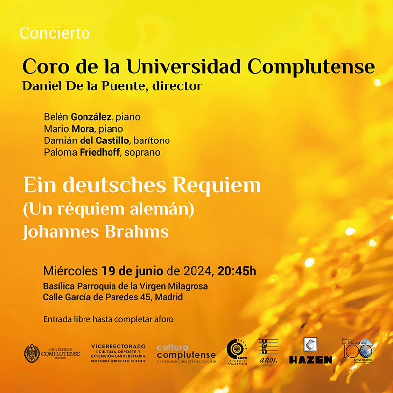Coro de la Universidad Complutense de Madrid (@coro_ucm) on Twitter photo Ven al concierto en el que interpretamos "Ein deutsches Requiem" de J. Brahms.
📅Miércoles 19 de junio
🕣20:45h
📍C/ García de Paredes 45
De nuevo hemos elegido un piano artesanal de conciertos Yamaha CF6 que nos hará brillar <a href="/YamahaPianos/">Yamaha Pianos</a> #makewaves #yamahapiano Ven al concierto en el que interpretamos "Ein deutsches Requiem" de J. Brahms.
📅Miércoles 19 de junio
🕣20:45h
📍C/ García de Paredes 45
De nuevo hemos elegido un piano artesanal de conciertos Yamaha CF6 que nos hará brillar <a href="/YamahaPianos/">Yamaha Pianos</a> #makewaves #yamahapiano