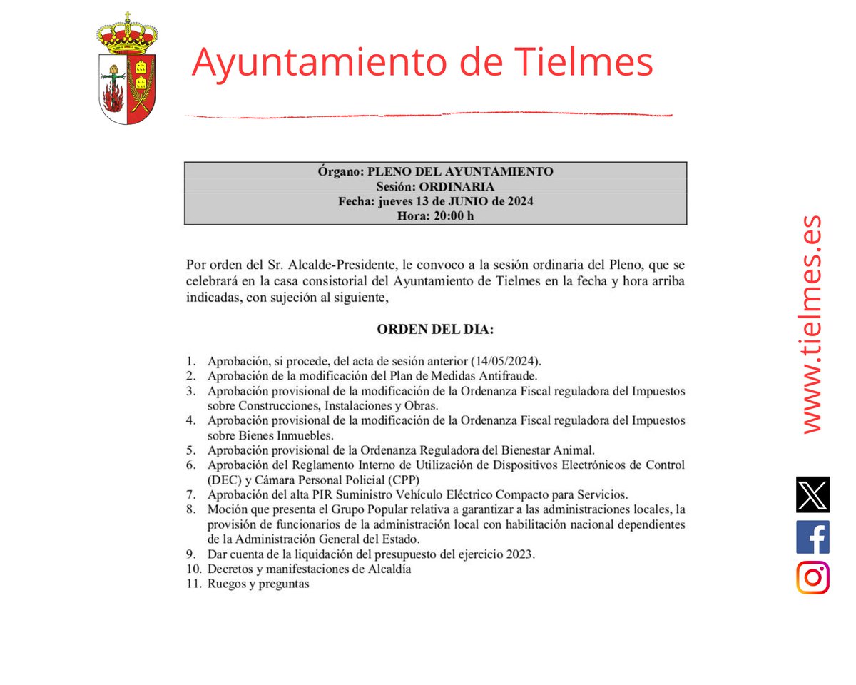 🔊 Pleno Ordinario 

📅 Jueves 13 de junio

⏰ 20:00 horas 

📍Ayuntamiento de Tielmes 

👇 Orden del día 

#TielmesEsCorazón