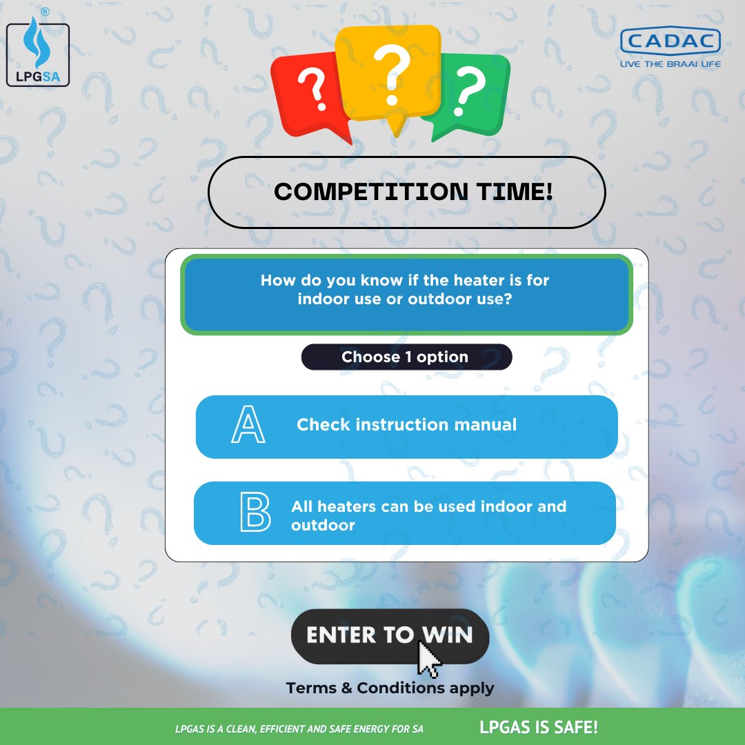 LPGASA's tweet photo. It’s competition time!

The question for the poll is: How do you know if the heater is for indoor use or outdoor use?

Don't forget to comment your answer in the comments, repost the poll and tag us and 3 friends for a chance to win! https://t.co/26W6h2f7V6