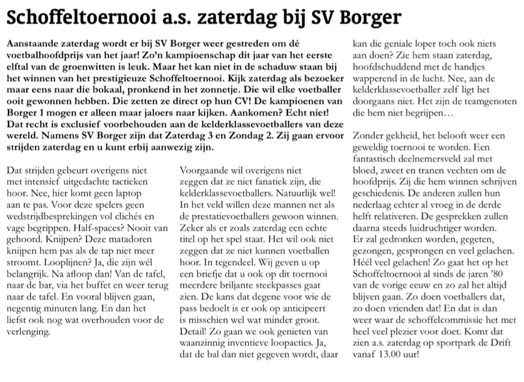 SVBorger0599's tweet photo. 🟢⚪️ I N  D E  M E D I A 🗞️ 

Natuurlijk ook nog in de @WeekinWeekuit aandacht voor het Schoffeltoernooi komende zaterdag op de Drift! 

Let op: aanvang van de wedstrijden is om 12.30 uur ipv genoemde 13.00 uur.

#BorgerLeeft💚 https://t.co/uZgFXIGIi1