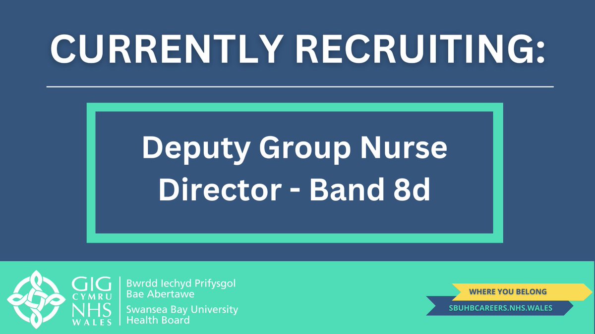 Deputy Group Nurse Director - Band 8d

Swansea Bay University Health Board would like to invite applications for this exciting and challenging role in a team delivering compassionate and clinically excellent healthcare.

sbuhbcareers.nhs.wales/nursing-vacanc…