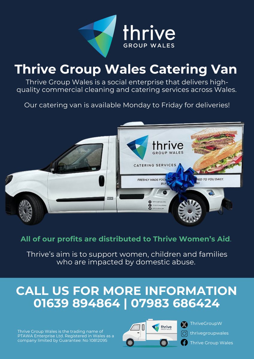 Our Catering Van is available from Monday to Friday for deliveries to your workplace in the South Wales area. For more information, please contact us on: 
07983 686424 🥪

#ThriveGroupWales #ThriveCatering #SouthWalesCateringVan