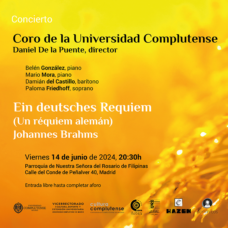 Coro de la Universidad Complutense de Madrid (@coro_ucm) on Twitter photo Ven al concierto en el que interpretamos "Ein deutsches Requiem" de J. Brahms.
📅Viernes 14 de junio
🕣20:30h
📍C/ Conde de Peñalver 40, Madrid
Para esta ocasión hemos elegido un piano artesanal de conciertos Yamaha CF6 que nos hará brillar
<a href="/YamahaPianos/">Yamaha Pianos</a>
#makewaves #yamahapiano Ven al concierto en el que interpretamos "Ein deutsches Requiem" de J. Brahms.
📅Viernes 14 de junio
🕣20:30h
📍C/ Conde de Peñalver 40, Madrid
Para esta ocasión hemos elegido un piano artesanal de conciertos Yamaha CF6 que nos hará brillar
<a href="/YamahaPianos/">Yamaha Pianos</a>
#makewaves #yamahapiano
