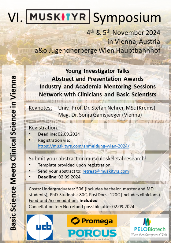 📢Registration for the VI. MuSkITYR Symposium is OPEN! Join us November 4-5 2024 in beautiful Vienna to talk about everything bone 🦴, cartilage ⛑️ and more. Including keynotes by @SonjaJaegerx and Stefan Nehrer and our popular mentoring session. 👉muskityrs.com/anmeldung-wien…