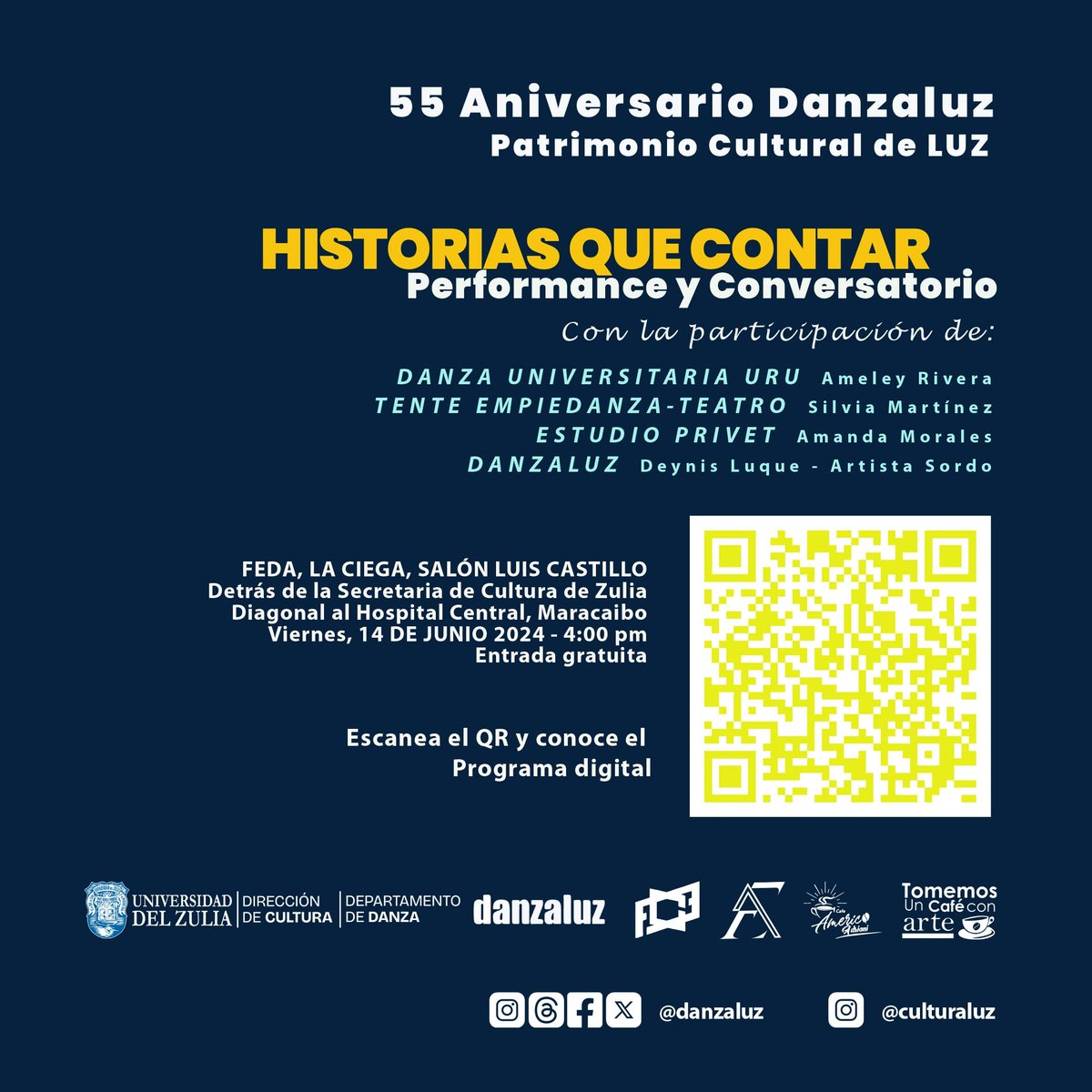 Este viernes 14 junio 2024 en La Ciega -  compartamos "Historias que contar - Performance y Conversatorio" en el día del 55 Aniversario Danzaluz. Inicia 4 pm y desde las 3:30 pm Tomemos un Café con Arte, nos brindará una degustación gracias a Café Américo Adriani.