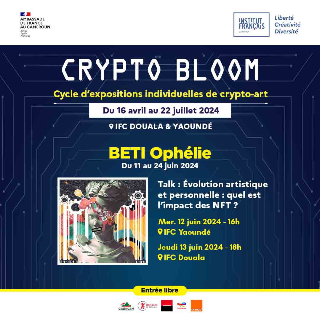 IFCameroun's tweet image. 🤖 #CryptoBloom | Venez découvrir les créations en #cryptoart de la jeune illustratrice @Beti_Ophelie du 11 au 24 juin 2024 à l’IFC #Douala &amp;amp; #Yaounde 🖼️. N’hésitez pas également à participer au talk en amont du vernissage aujourd’hui &amp;amp; demain. 

Entrée libre &amp;amp; gratuite.