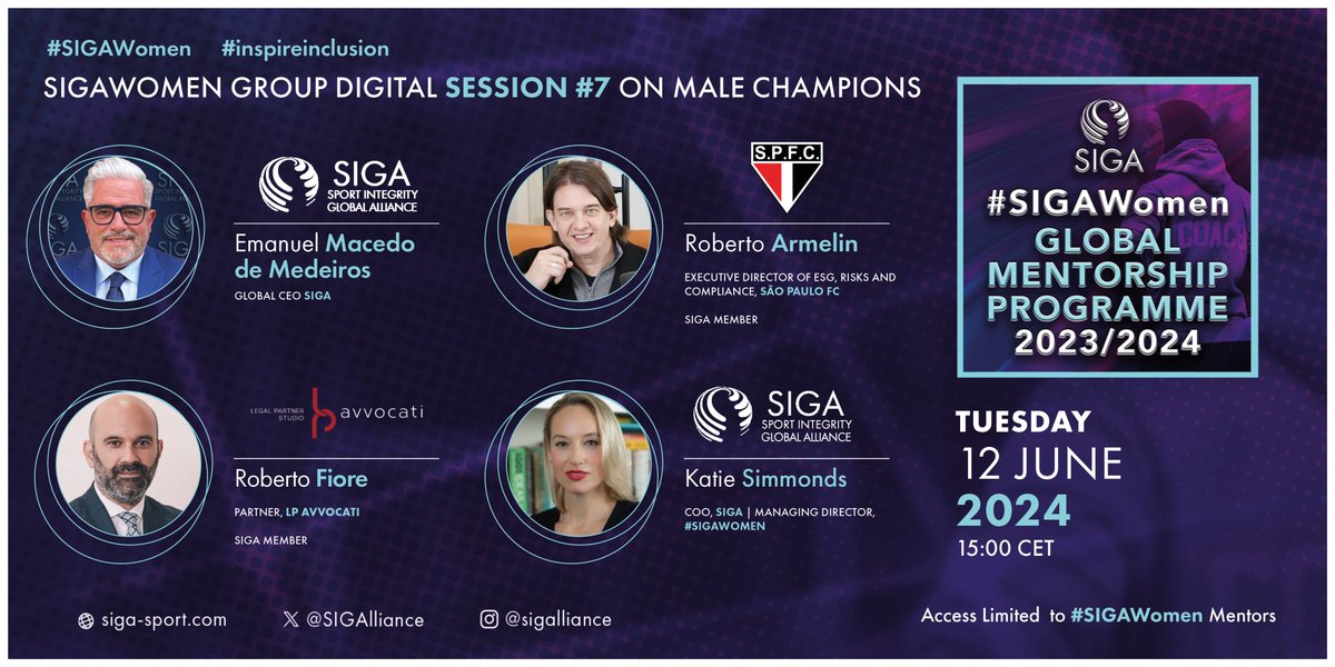SIGAlliance's tweet photo. #SIGAWomen Global Mentorship Programme Digital Group Session on Male Champions!
Meet our guest speakers for today's session:
@EmanuelGsc (@SIGAlliance ),
Roberto Armelin (@SaoPauloFC)
Roberto Fiore (LP Avvocati Studio Legale),
& Katie Simmonds (@SIGAlliance )
#SideWithSIGA https://t.co/tBOsyOT2w8