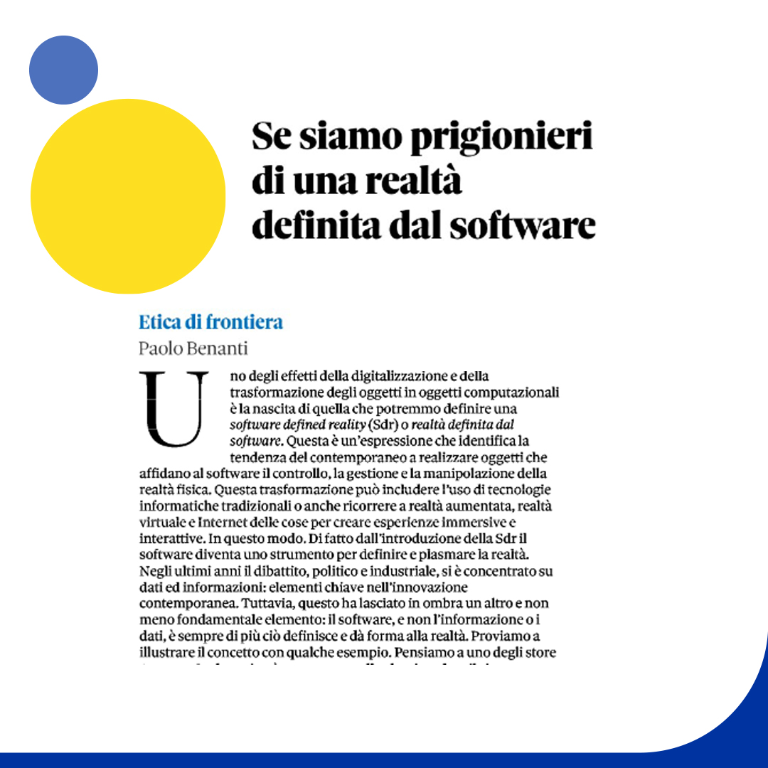 🤳 Effetti della #digitalizzazione

🗞️ "Se siamo prigionieri di una realtà definita dal software" <a href="/paolobenanti/">Paolo Benanti</a> su <a href="/sole24ore/">IlSole24ORE</a> 

#innovazione @ardovig <a href="/FelixCannas/">Wild Blue Zone 💙</a> <a href="/andreacreativo/">Andrea Carini</a> <a href="/carmelocarat/">carmelo</a> <a href="/ricardo_ik_ahau/">Ricardo Vázquez</a> <a href="/InnovazioneTri1/">Innovazione Tricolore</a> <a href="/emacacciatore/">Emanuele Cacciatore</a> <a href="/lacuocagalante/">Simonetta Savino</a>